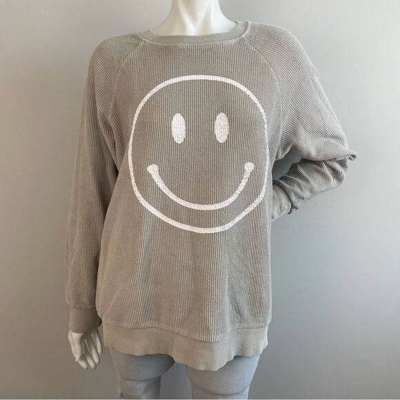 THREAD & SUPPLY Smiley Face Graphic Ribbed Gray Oversized Crewneck Sweatshirt - Picture 1 of 12